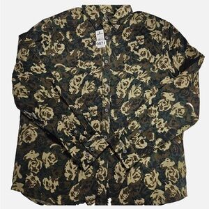 Express Black Corduroy Shirt Mens M Green Floral Button Down Long Sleeve